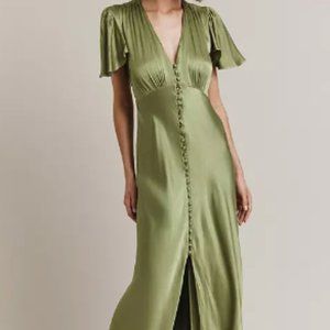 Ghost Olive Green Satin Maxi Dress (Medium)